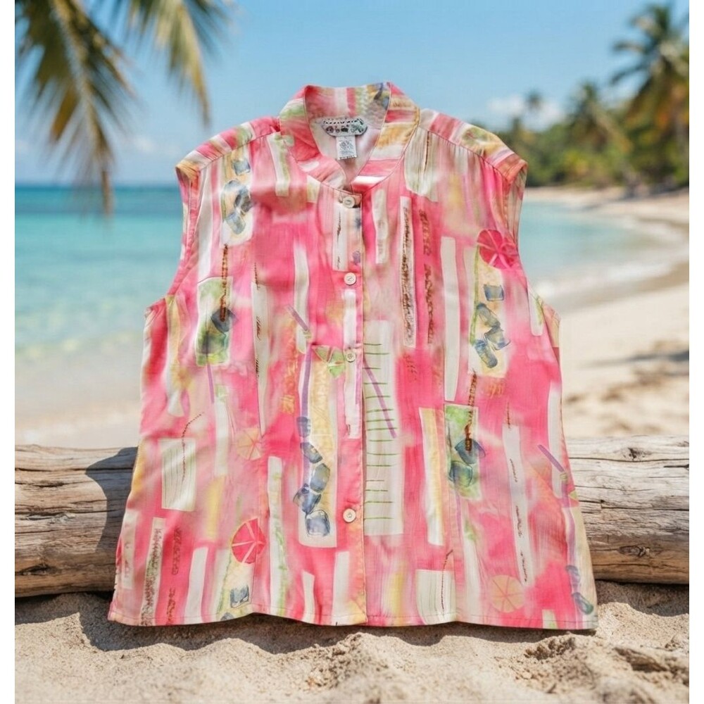 Vntg Weekend Traffic Pink Rayon Sleeveless Shirt XL Abstract Beach Novelty Top